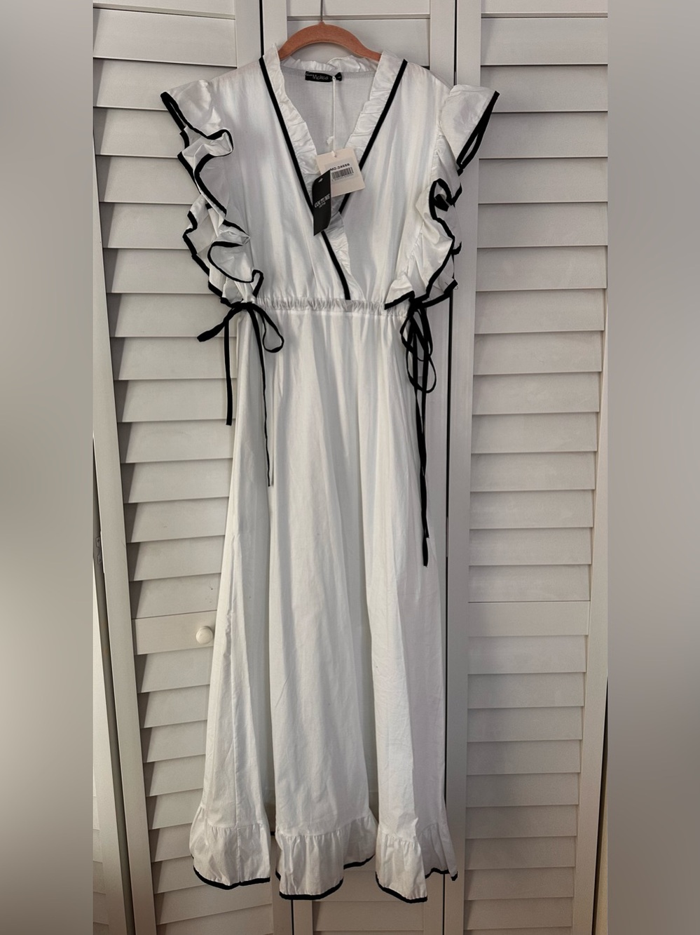 White Ruffle Midi Dress with Black Trim - Made in Italy